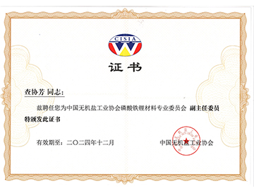 無機鹽工業(yè)協(xié)會磷酸鐵鋰行業(yè)專業(yè)委員會副主任委員證書